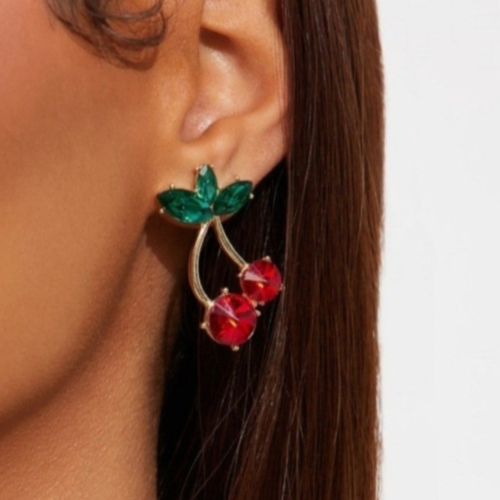 Fashion Nova Gold Cherry Crystal Drop Earrings - Red & Green